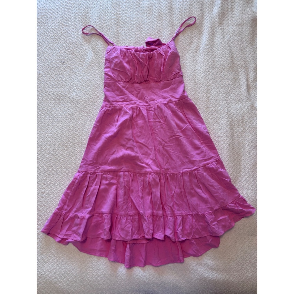 B. Darlin Pink Tiered Ruffle Mini Dress Back Tie Cutout Size 7/8
